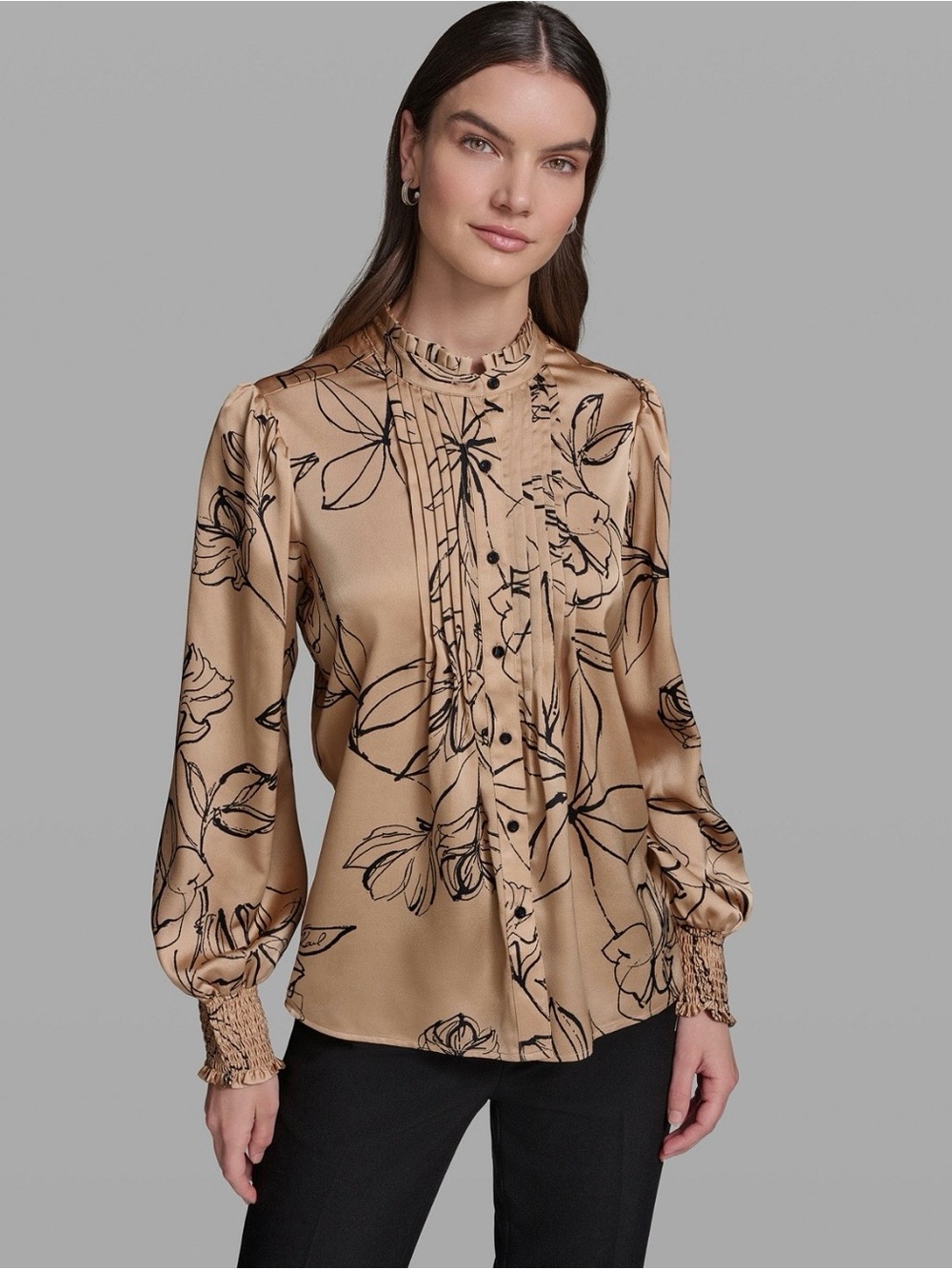 NWT Karl Lagerfeld Floral Long-Sleeve Mock Neck Blouse. MEDIUM. Cartouche.